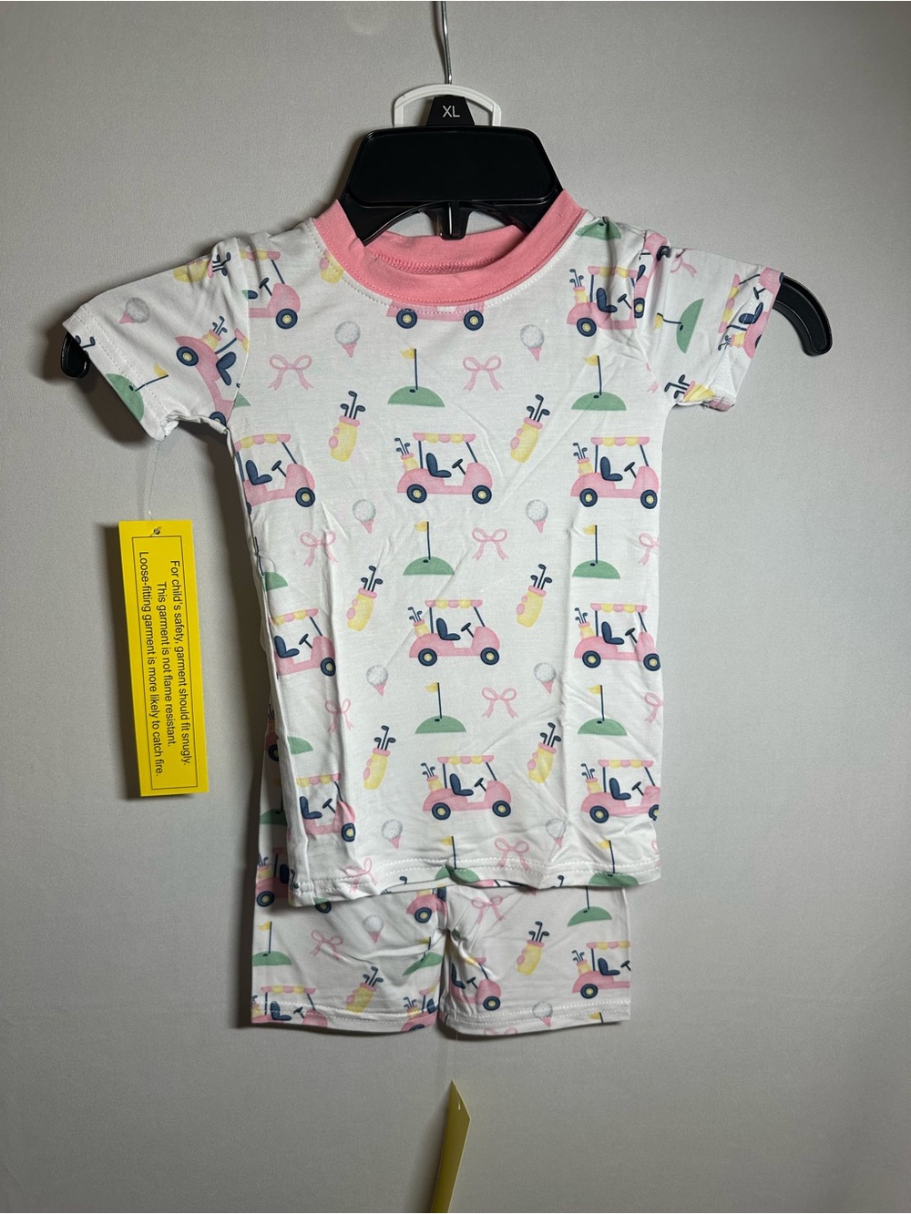 Pink Trim Kids Pajama Set with Golf Cart Print